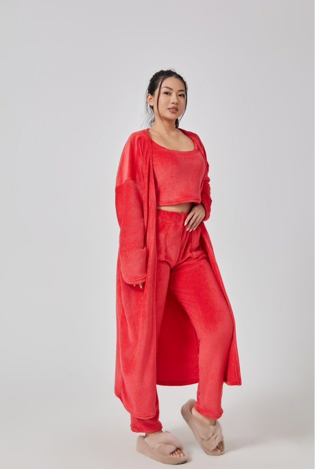 3-Piece Lounge Set - Cozy Crop Top, Wide-Leg Pants & Long Cardigan