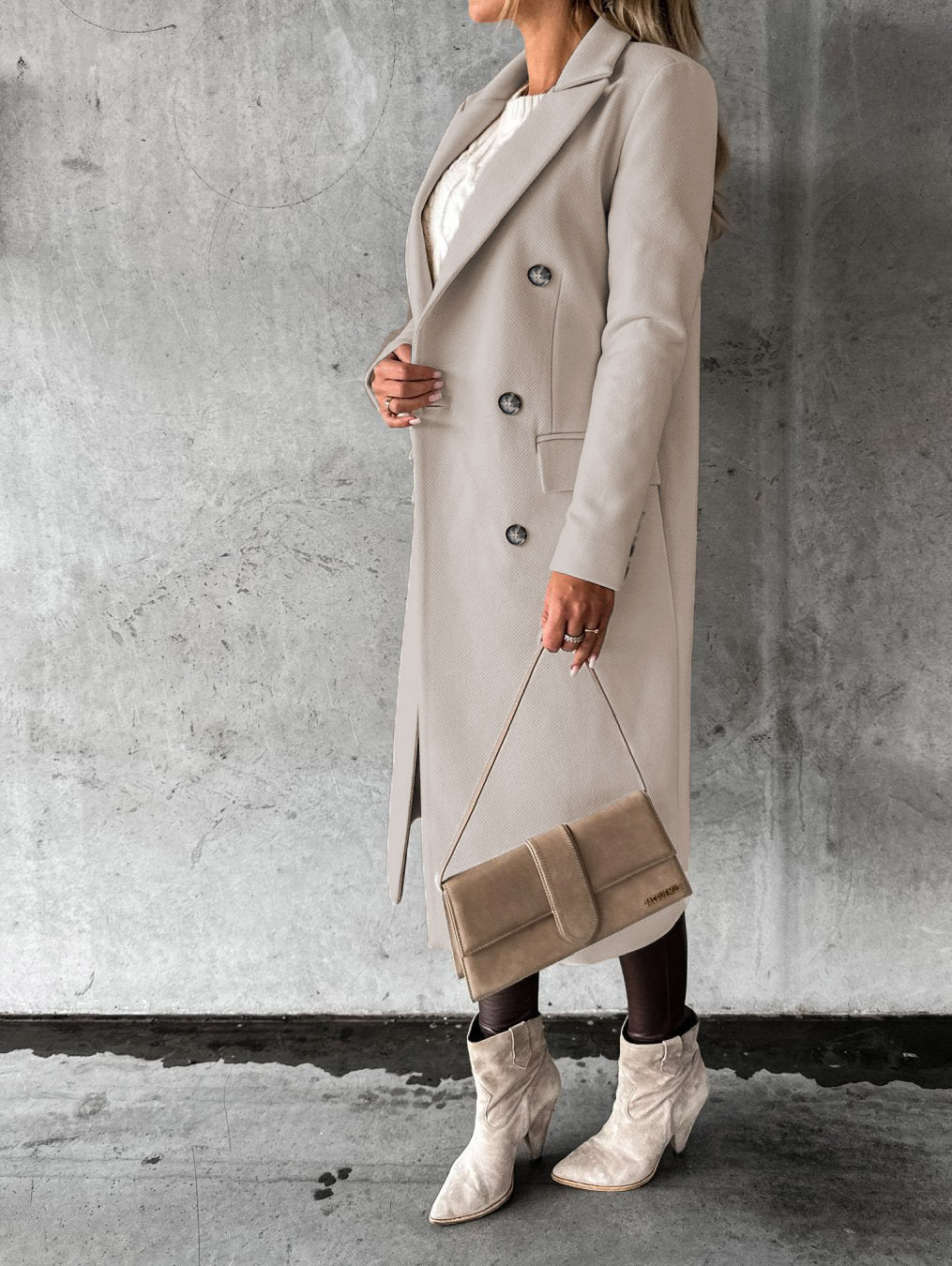 Double-Breasted Long Coat - Tailored Winter Trench Coat with Lapel