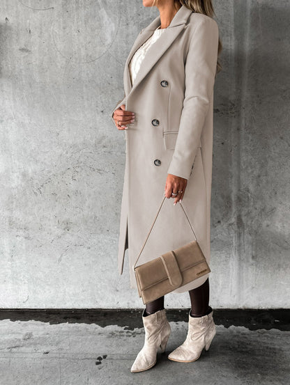 Double-Breasted Long Coat - Tailored Winter Trench Coat with Lapel