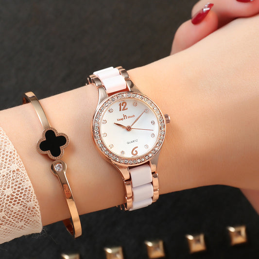 Diamond Accent Ceramic Watch - Luxury Quartz Bracelet Watch with Gift Box