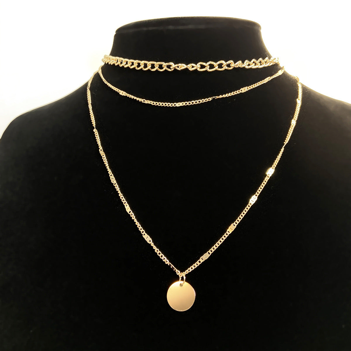 Layered Disc Pendant Necklace - Gold Multi-Chain Choker Set