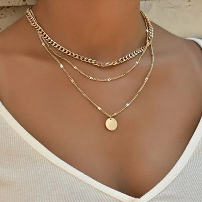 Layered Disc Pendant Necklace - Gold Multi-Chain Choker Set