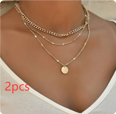 Layered Disc Pendant Necklace - Gold Multi-Chain Choker Set