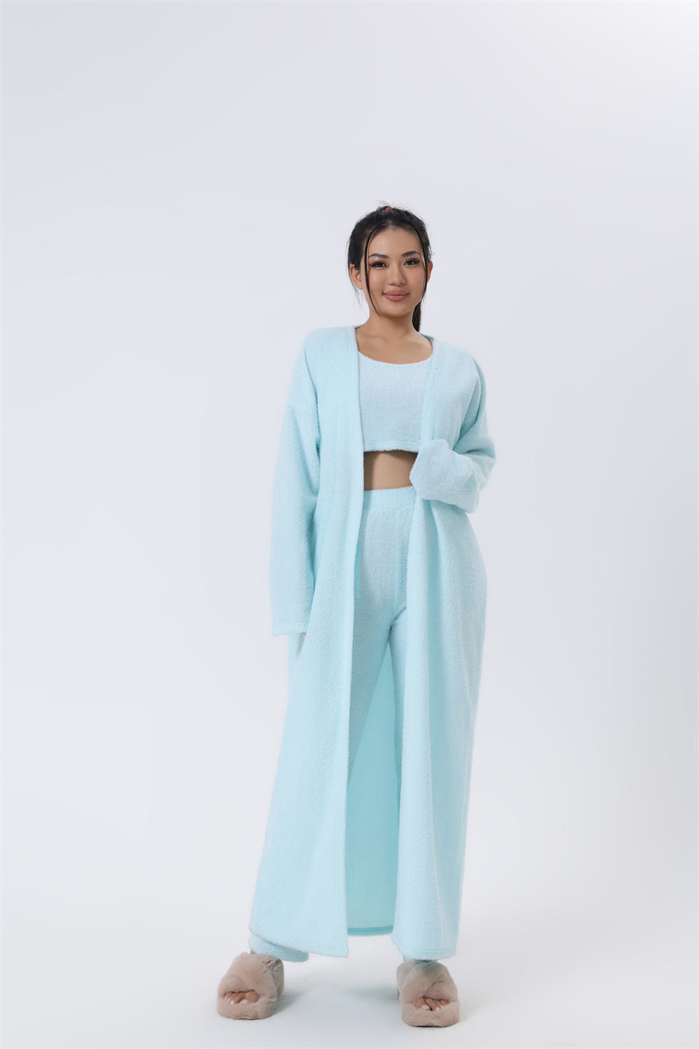 3-Piece Lounge Set - Cozy Crop Top, Wide-Leg Pants & Long Cardigan
