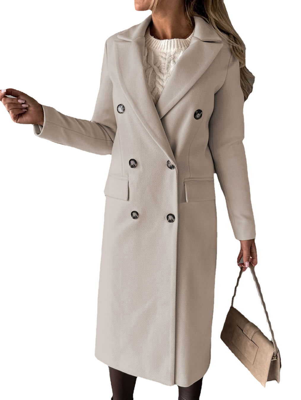 Double-Breasted Long Coat - Tailored Winter Trench Coat with Lapel