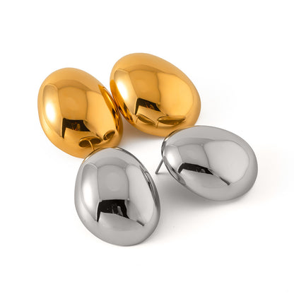 Glossy Round Bean Stud Earrings - 18K Plated Stainless Steel
