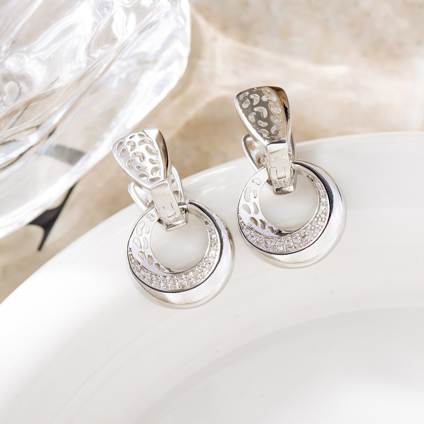 Crescent Moon Drop Earrings - Filigree Zircon Dangle Earrings with Floral Detail