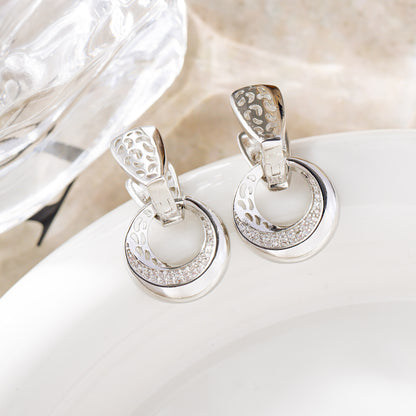 Crescent Moon Drop Earrings - Filigree Zircon Dangle Earrings with Floral Detail