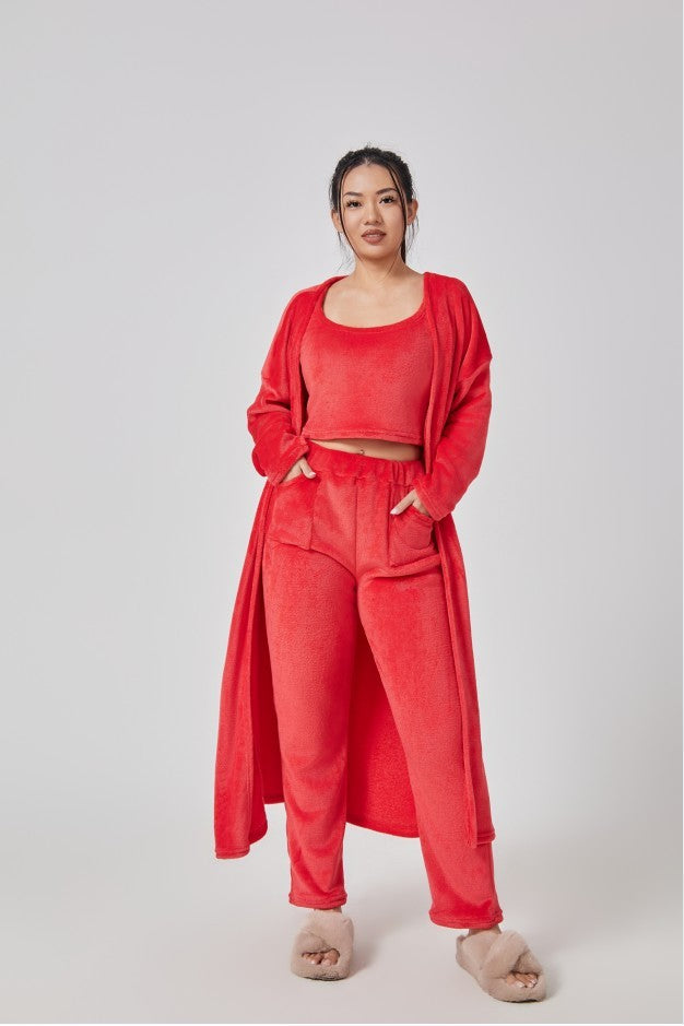 3-Piece Lounge Set - Cozy Crop Top, Wide-Leg Pants & Long Cardigan