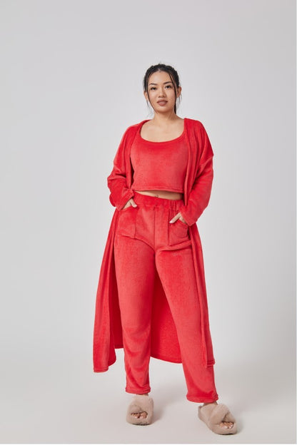 3-Piece Lounge Set - Cozy Crop Top, Wide-Leg Pants & Long Cardigan