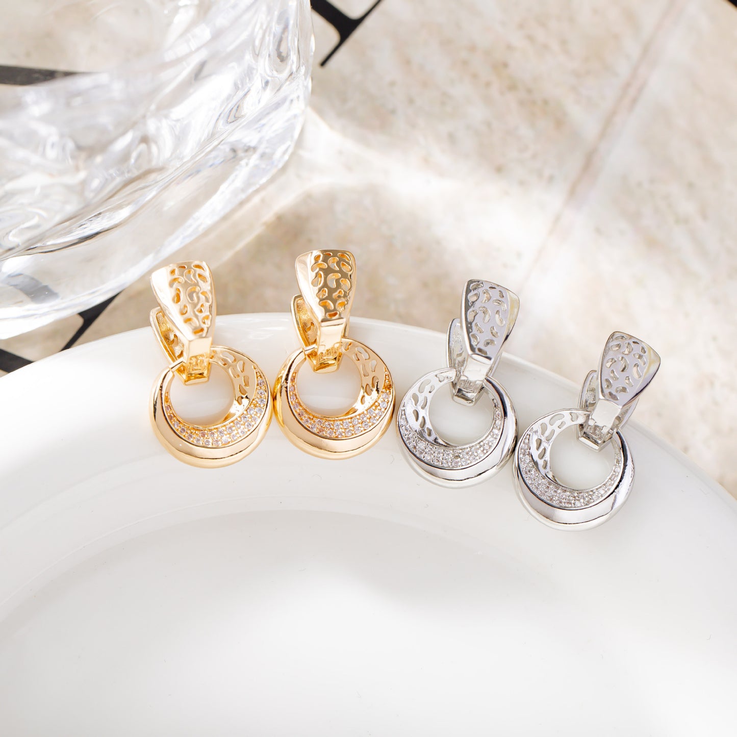 Crescent Moon Drop Earrings - Filigree Zircon Dangle Earrings with Floral Detail