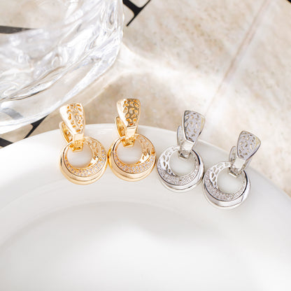 Crescent Moon Drop Earrings - Filigree Zircon Dangle Earrings with Floral Detail