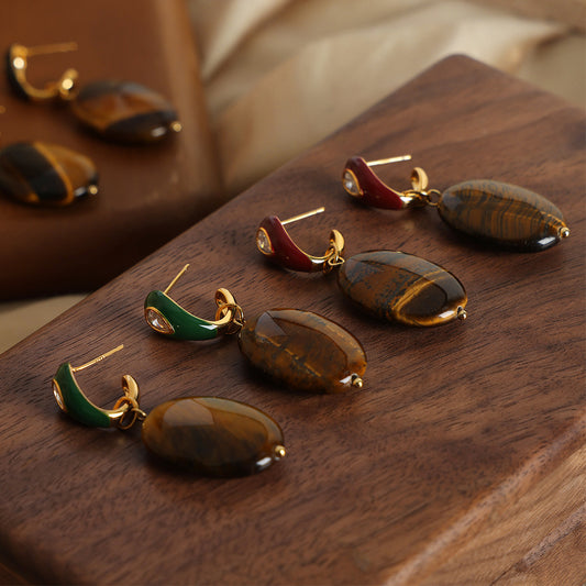 Vintage Tiger Eye Stone Drop Earrings - Handcrafted Copper Geometric Dangles