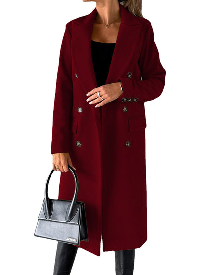 Double-Breasted Long Coat - Tailored Winter Trench Coat with Lapel
