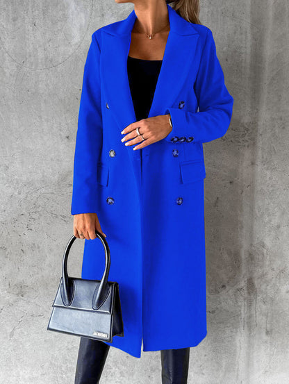 Double-Breasted Long Coat - Tailored Winter Trench Coat with Lapel