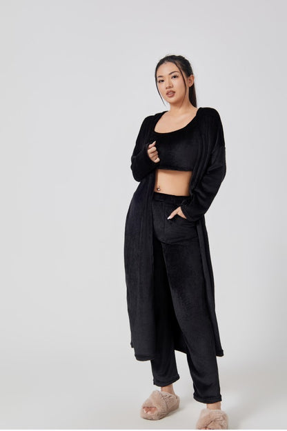 3-Piece Lounge Set - Cozy Crop Top, Wide-Leg Pants & Long Cardigan