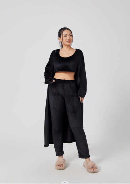 3-Piece Lounge Set - Cozy Crop Top, Wide-Leg Pants & Long Cardigan