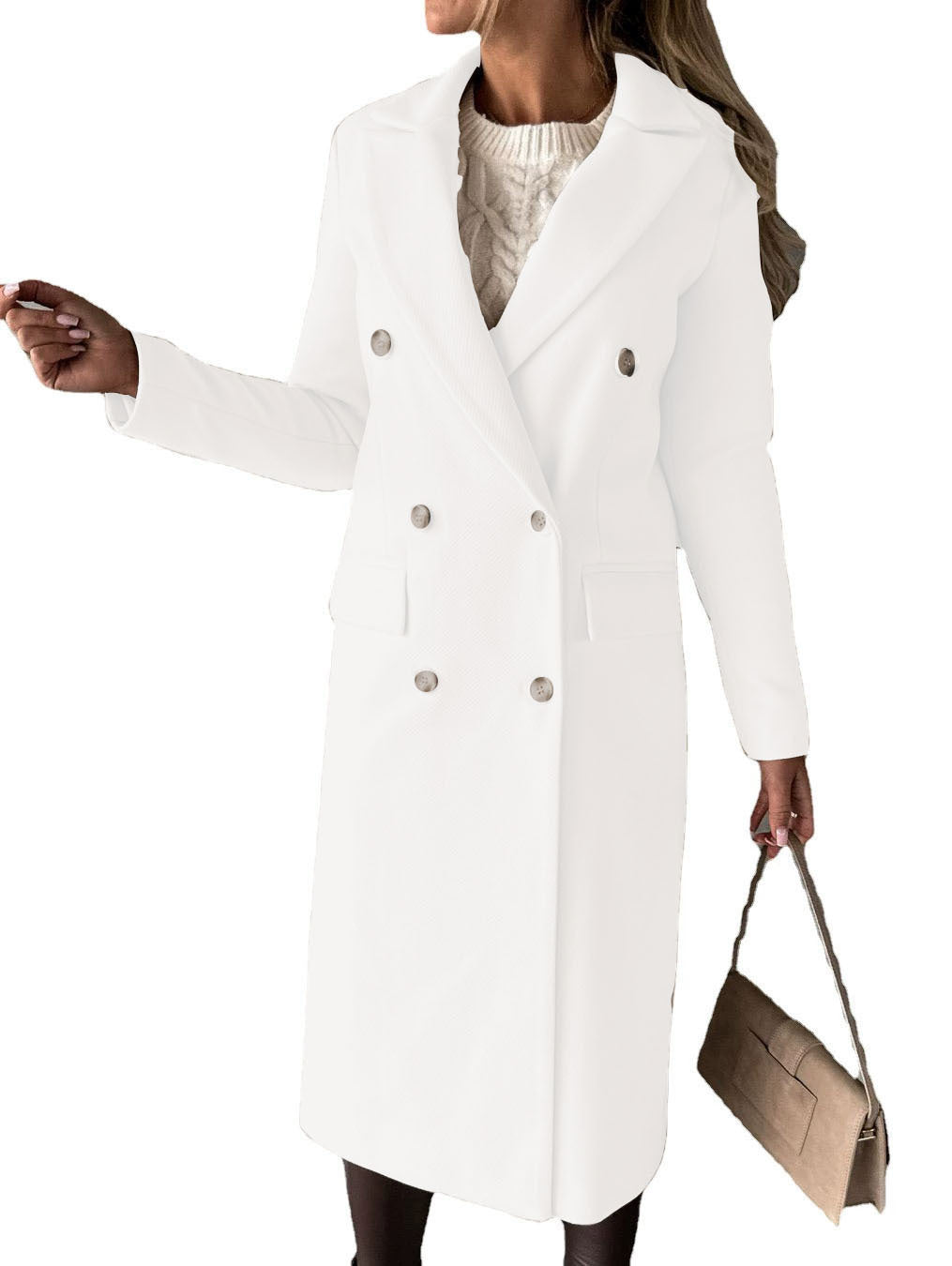 Double-Breasted Long Coat - Tailored Winter Trench Coat with Lapel
