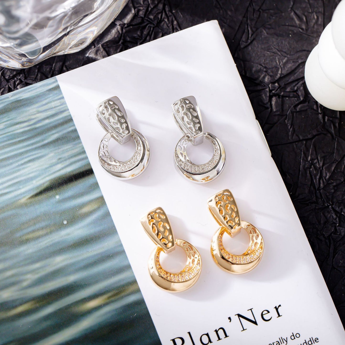 Crescent Moon Drop Earrings - Filigree Zircon Dangle Earrings with Floral Detail