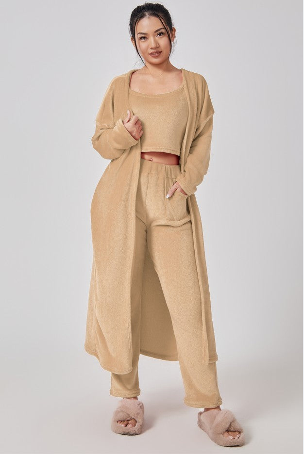 3-Piece Lounge Set - Cozy Crop Top, Wide-Leg Pants & Long Cardigan
