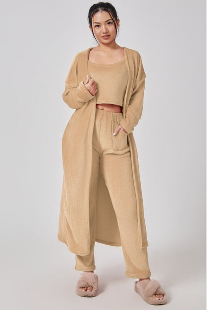 3-Piece Lounge Set - Cozy Crop Top, Wide-Leg Pants & Long Cardigan