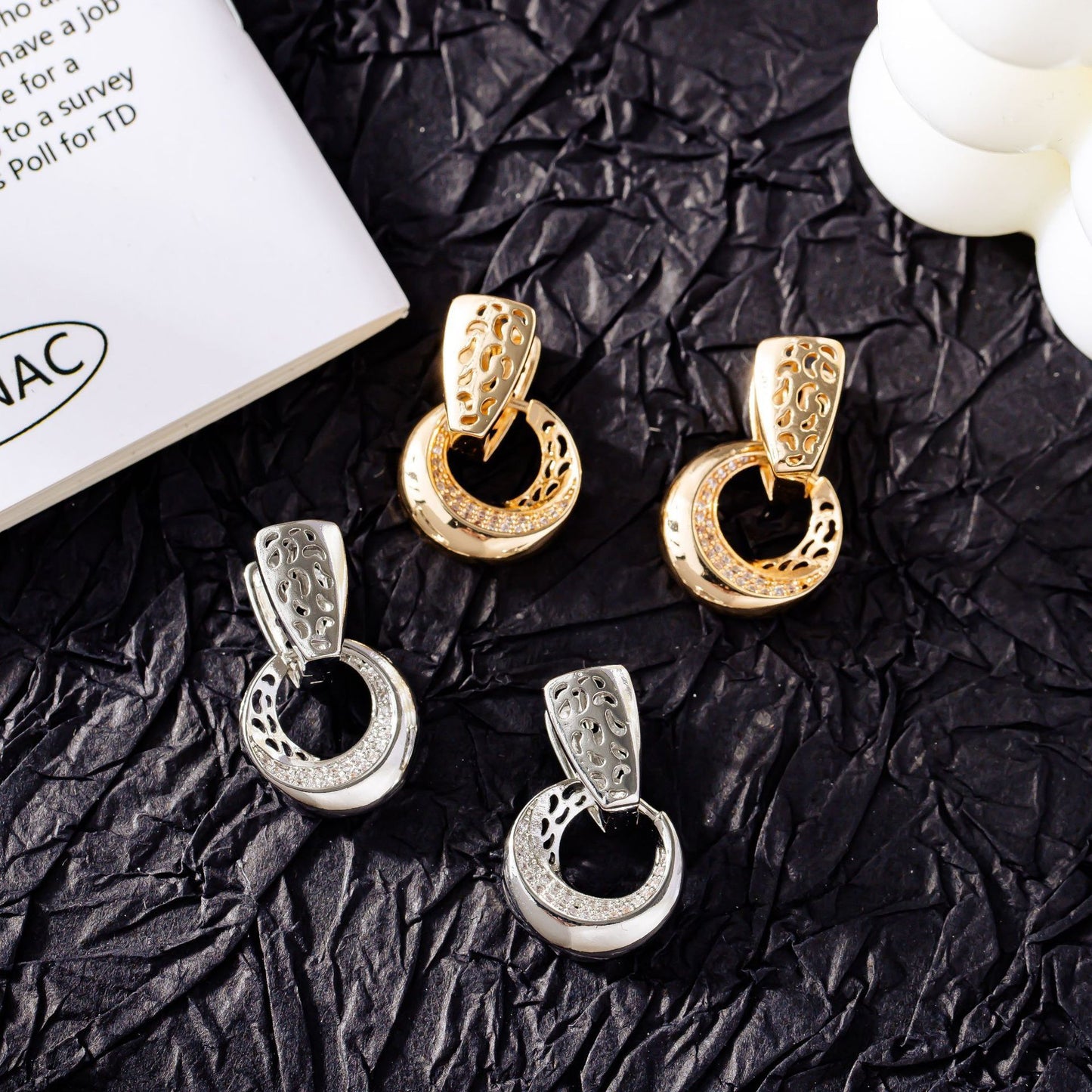 Crescent Moon Drop Earrings - Filigree Zircon Dangle Earrings with Floral Detail