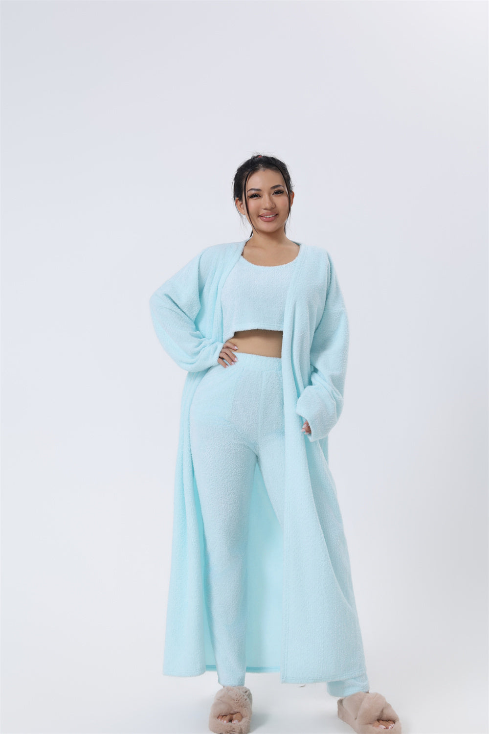 3-Piece Lounge Set - Cozy Crop Top, Wide-Leg Pants & Long Cardigan