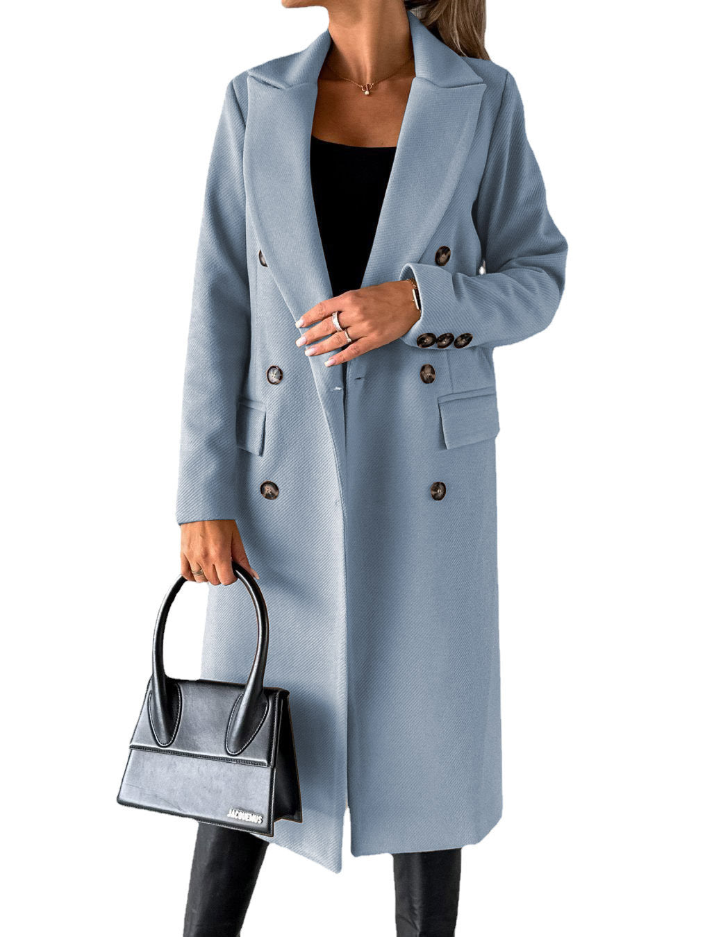 Double-Breasted Long Coat - Tailored Winter Trench Coat with Lapel