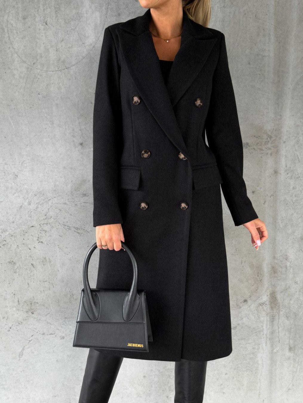 Double-Breasted Long Coat - Tailored Winter Trench Coat with Lapel