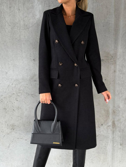 Double-Breasted Long Coat - Tailored Winter Trench Coat with Lapel