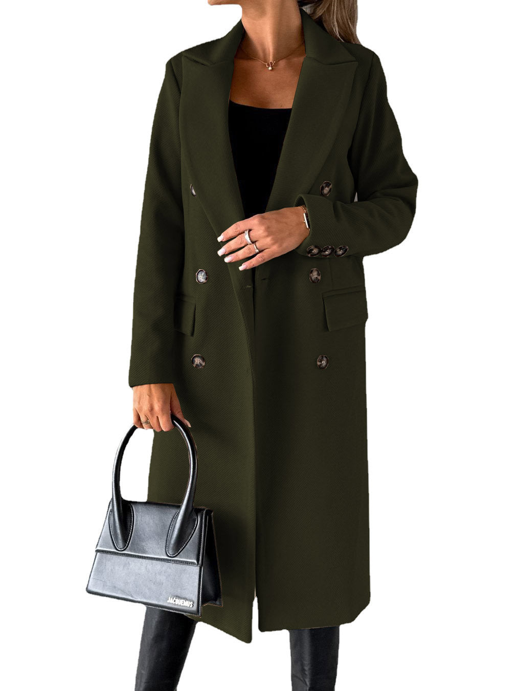 Double-Breasted Long Coat - Tailored Winter Trench Coat with Lapel