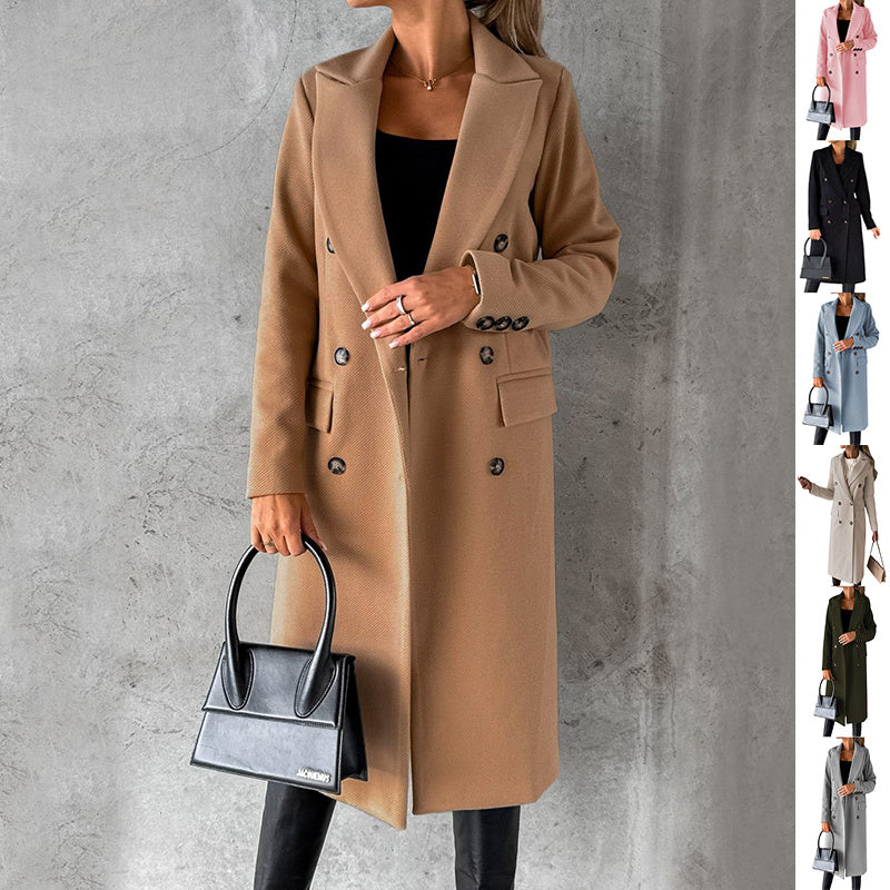 Double-Breasted Long Coat - Tailored Winter Trench Coat with Lapel