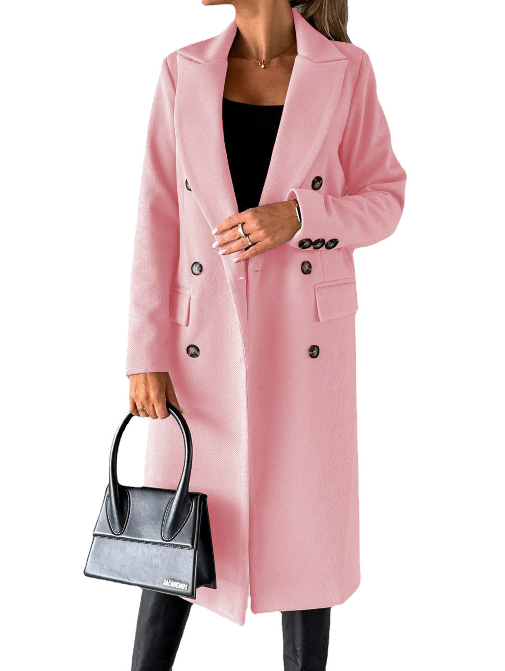 Double-Breasted Long Coat - Tailored Winter Trench Coat with Lapel