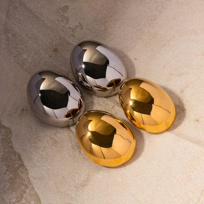 Glossy Round Bean Stud Earrings - 18K Plated Stainless Steel