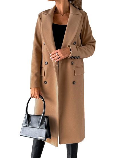 Double-Breasted Long Coat - Tailored Winter Trench Coat with Lapel