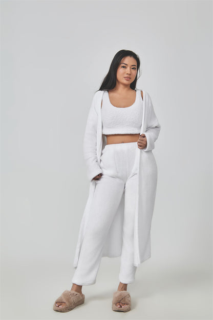 3-Piece Lounge Set - Cozy Crop Top, Wide-Leg Pants & Long Cardigan