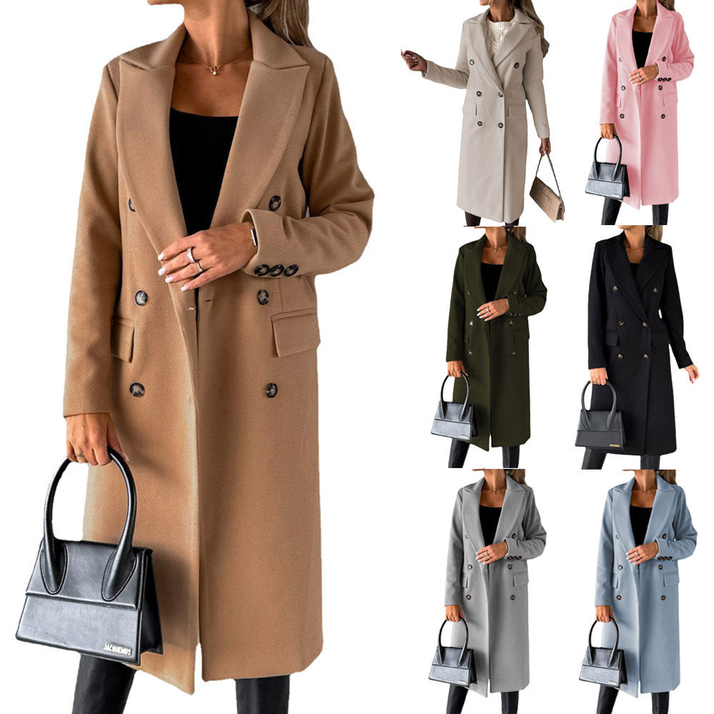 Double-Breasted Long Coat - Tailored Winter Trench Coat with Lapel