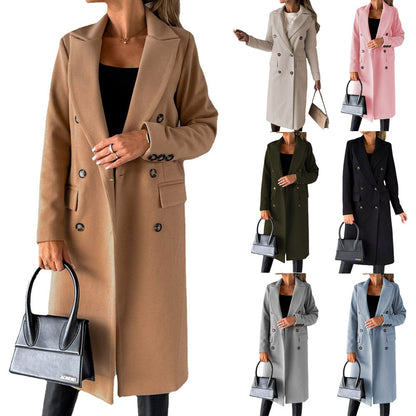 Double-Breasted Long Coat - Tailored Winter Trench Coat with Lapel